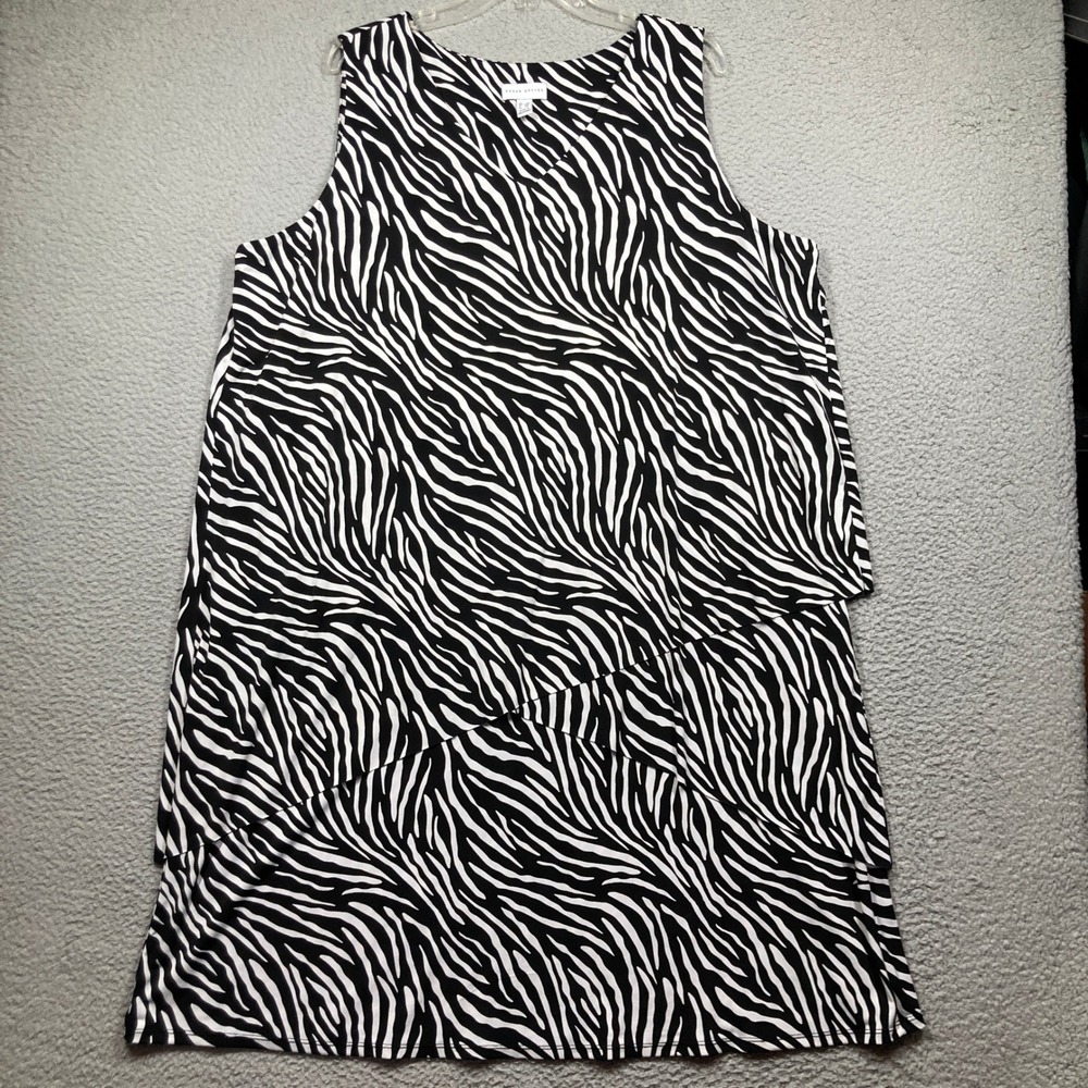 Susan Graver Knee Dress Women 2X Black White Zebra Print Liquid Knit Tiered